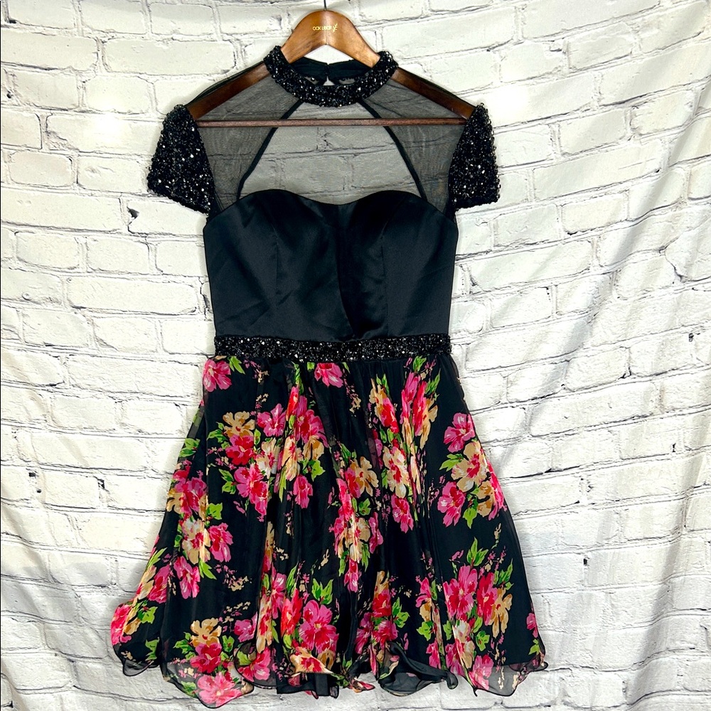 Rachel Allan Black & Floral Print Jeweled Formal Dress Size 8